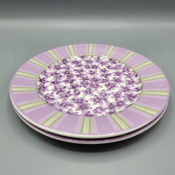 2 Waverly Garden Room Field Of Flowers Salad Plate 8.25" Purple Floral Striped - Picture 3 of 12